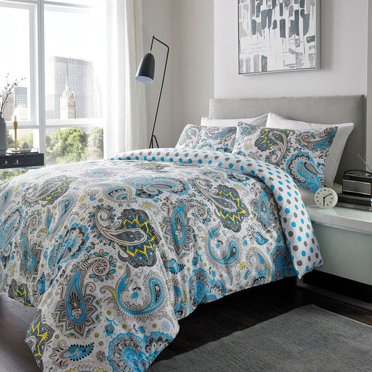 100% Brushed Cotton Duvet Set Paisley DOUBLE BLUE GREY S002505302