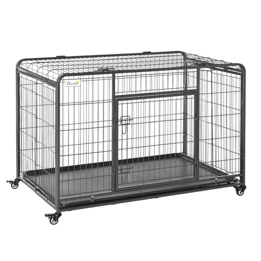 81x125cm Metal Dog Cage Kennel Locking Door & Wheels Extra Large Pets Pawhut S0671081088