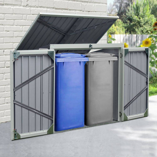 Steel Garden Storage Shed Double Door & Lid Dustbin Rubbish Cover 2 Trash Can S067941650