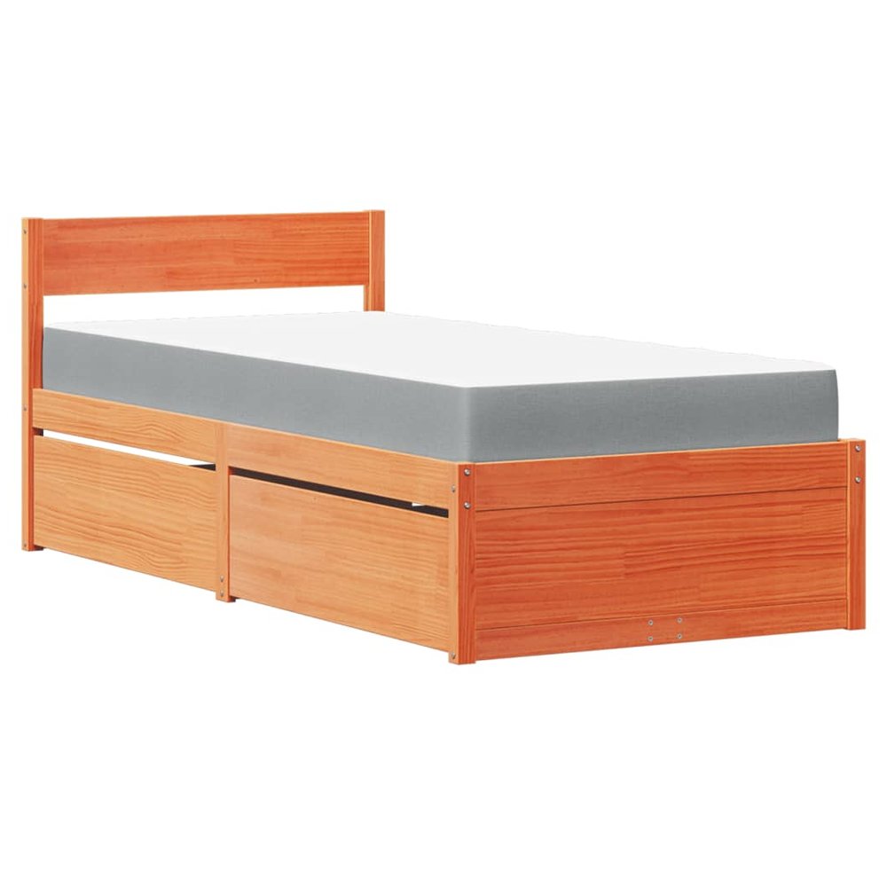 vidaXL Bed with Drawers and Mattress Wax Brown 90x190 cm Single Solid Wood Pine S0671489420