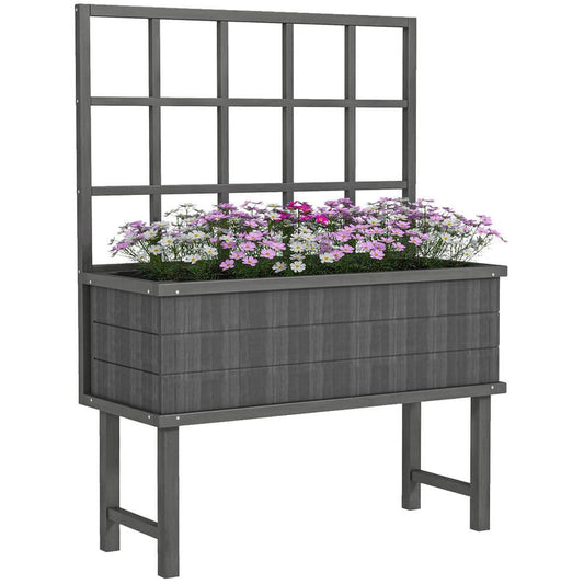 Outsunny Wood Raised Planter w/ Trellis Drain Holes Elevated Garden Bed Grey S0671433491