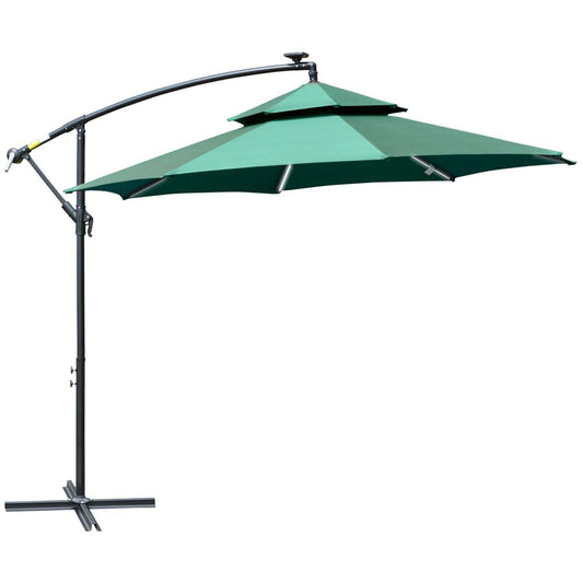 3m Cantilever Banana Parasol Double Roof, LED Solar Crank Green S0671072316