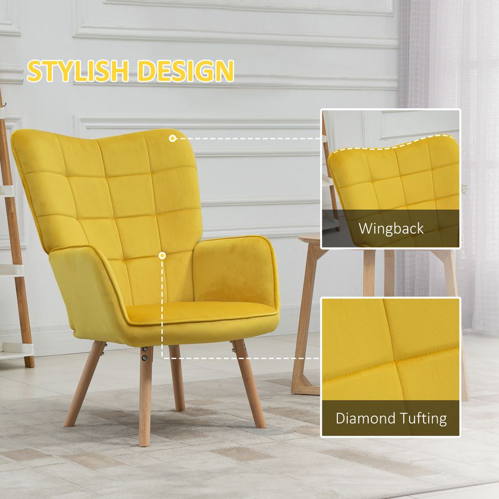 HOMCOM Modern Accent Chair Velvet-Touch Tufted Wingback Armchair, Yellow S0671080106