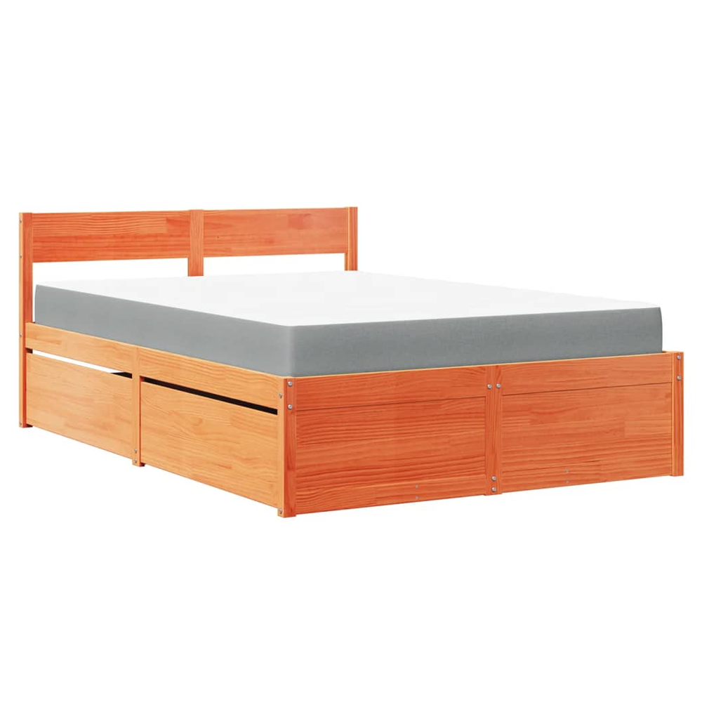 vidaXL Bed with Drawers and Mattress Wax Brown 120x200 cm Solid Wood Pine S0671489510