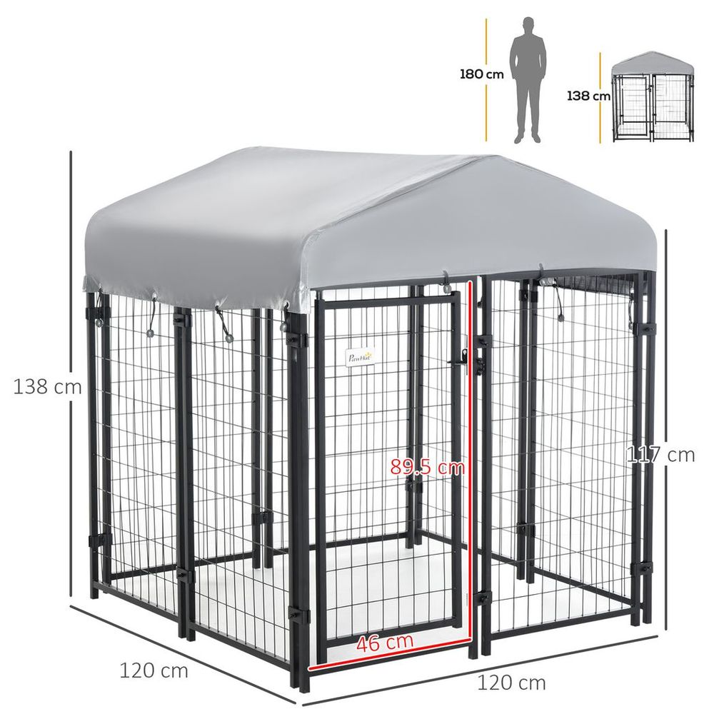 Outdoor Dog Kennel, Metal Dog Run with Canopy, 120 x 120 x 138cm S0671148825