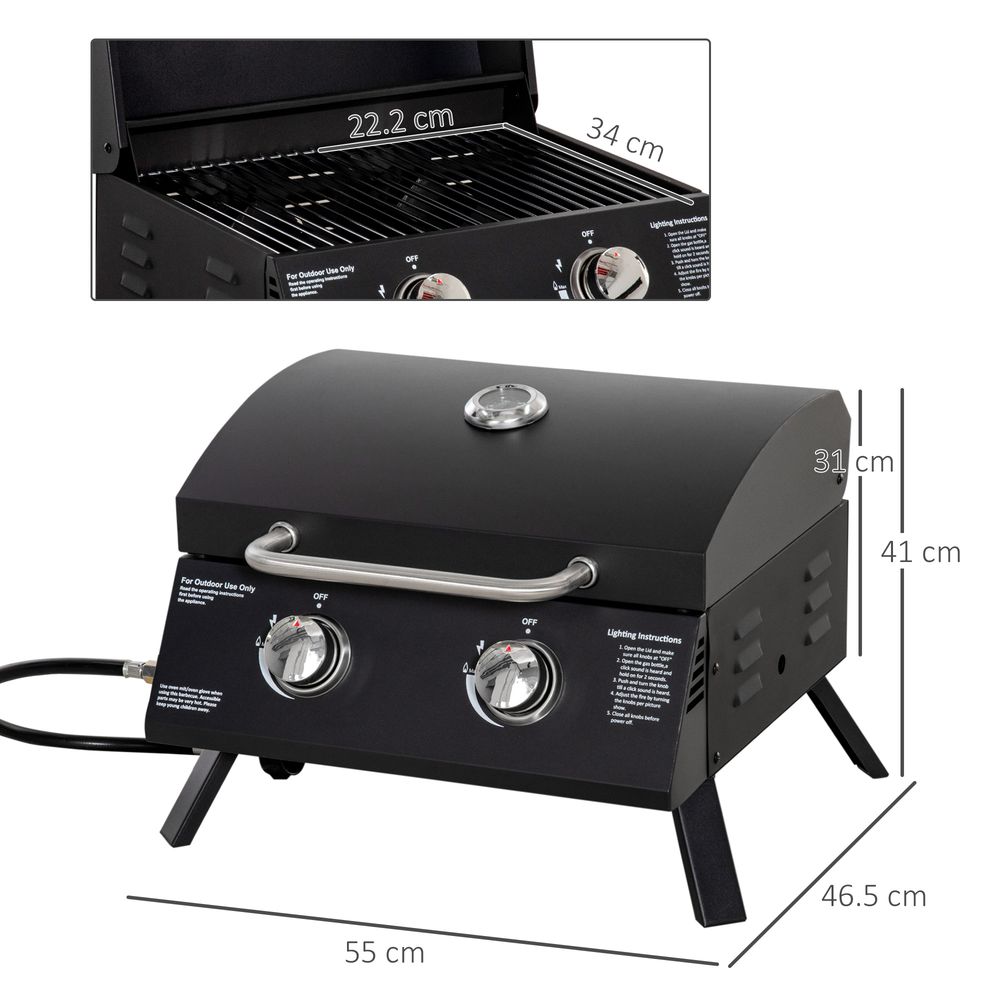 2 Burner Gas BBQ Grill Portable Folding Tabletop Barbecue Lid Thermometer Black S0671072014