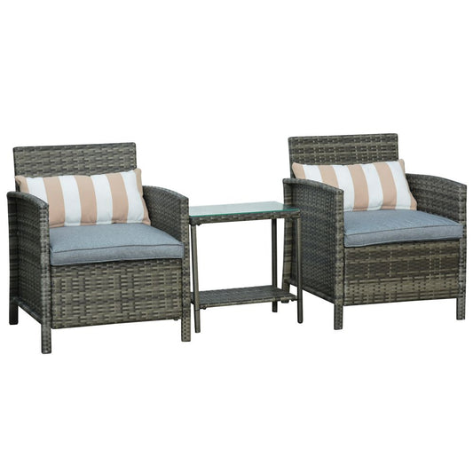 Outsunny 2-Seater PE Rattan Side Table & Armchair Set w/ Pillows Grey S0671072365