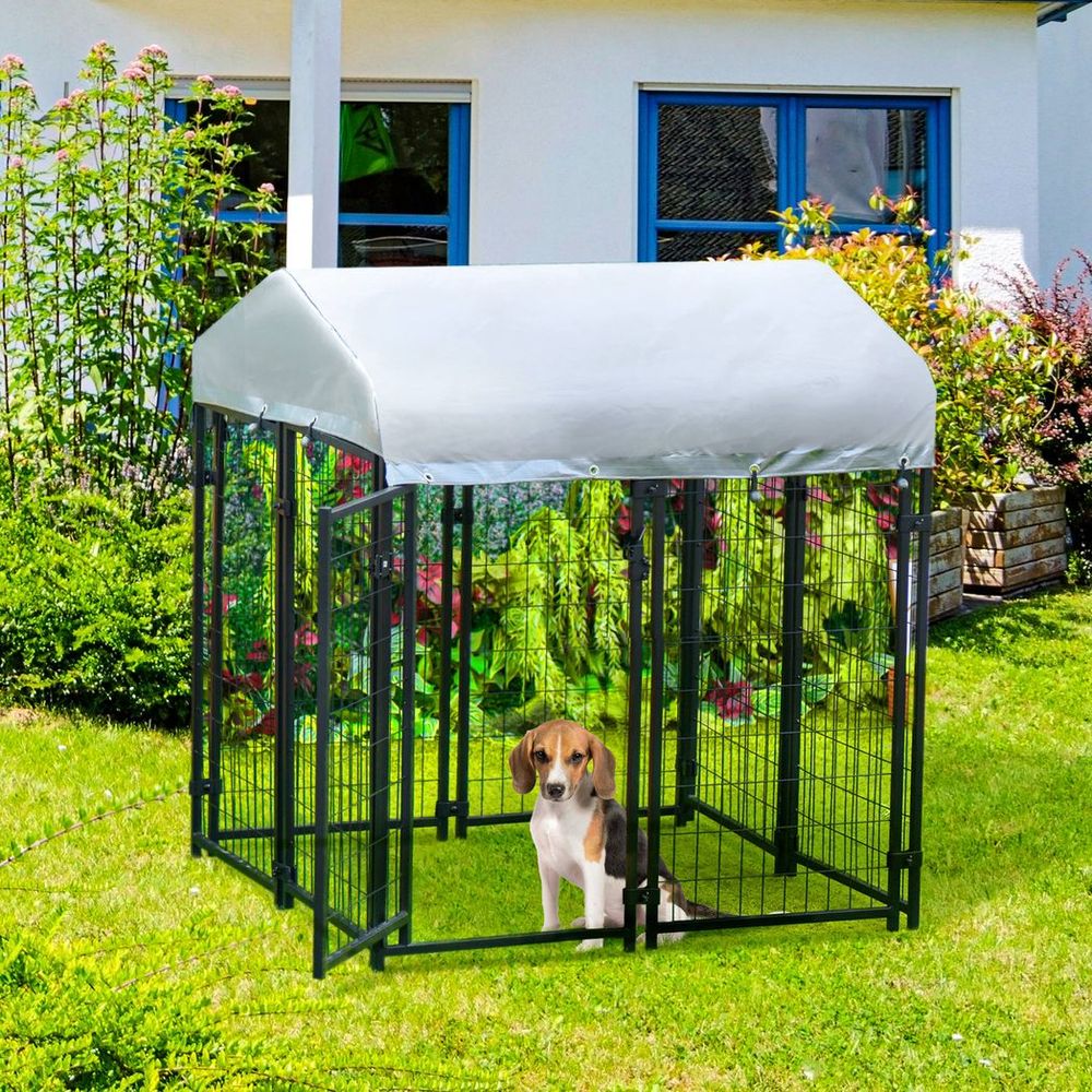 Outdoor Dog Kennel, Metal Dog Run with Canopy, 120 x 120 x 138cm S0671148825