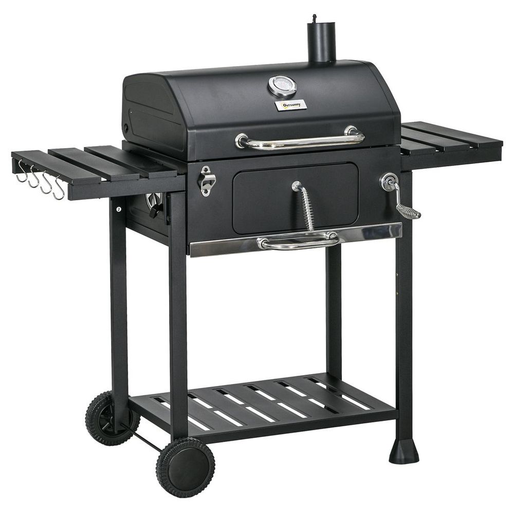 Charcoal BBQ Grill Smoker Trolley with Shelves, Bottle Opener and Wheels V0671440109