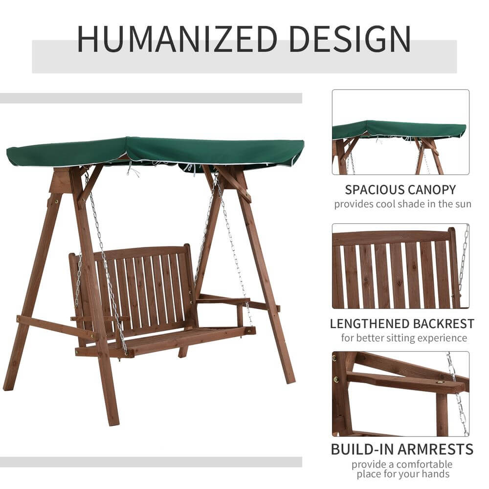 Outsunny Fir Wood 2-Seater Outdoor Garden Swing Chair w/ Canopy Green S0671072042