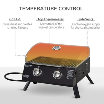 2 Burner Gas BBQ Grill Portable Folding Tabletop Barbecue Lid Thermometer Black S0671072014