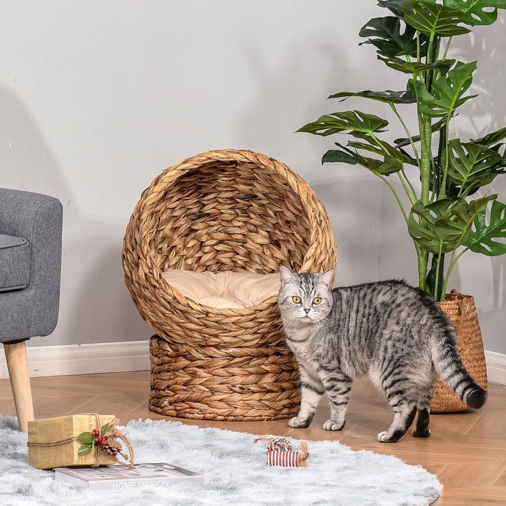 Wicker Cat House, Raised Cat Bed with Cylindrical Base, 42 x 33 x 52cm S0671148931