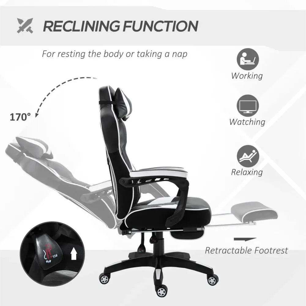 Gaming Chair Ergonomic Reclining w/ Manual Footrest Wheels Stylish Office White S0671097185