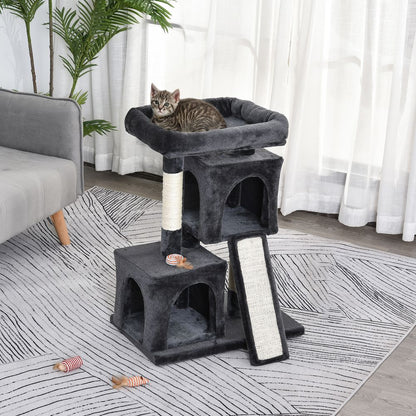 Cat Rest & Play Activity Tree w/ 2 House Perch Scratching Post Black Pawhut S0671081218