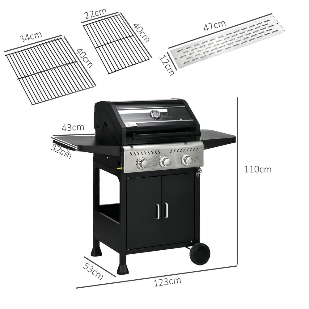 Outsunny 3 Burner Propane Gas BBQ Grill with See-through Lid and Thermometer V0671440113