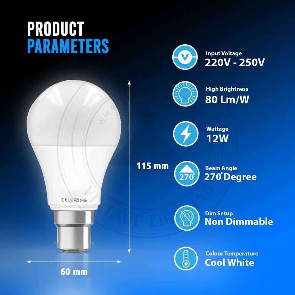 12W B22 Screw LED Light GLS bulbs, Energy Saving Edison Cool White 6000K non dimmable lights V0671114299