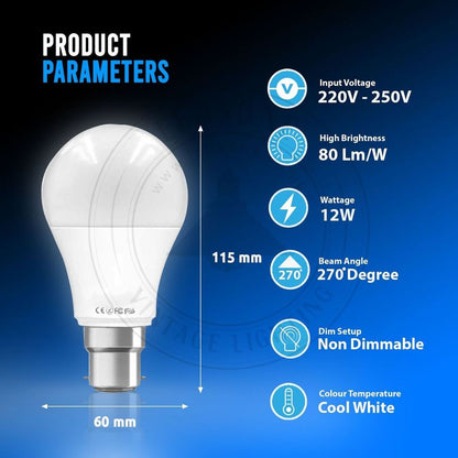 12W B22 Screw LED Light GLS bulbs, Energy Saving Edison Cool White 6000K non dimmable lights V0671114299