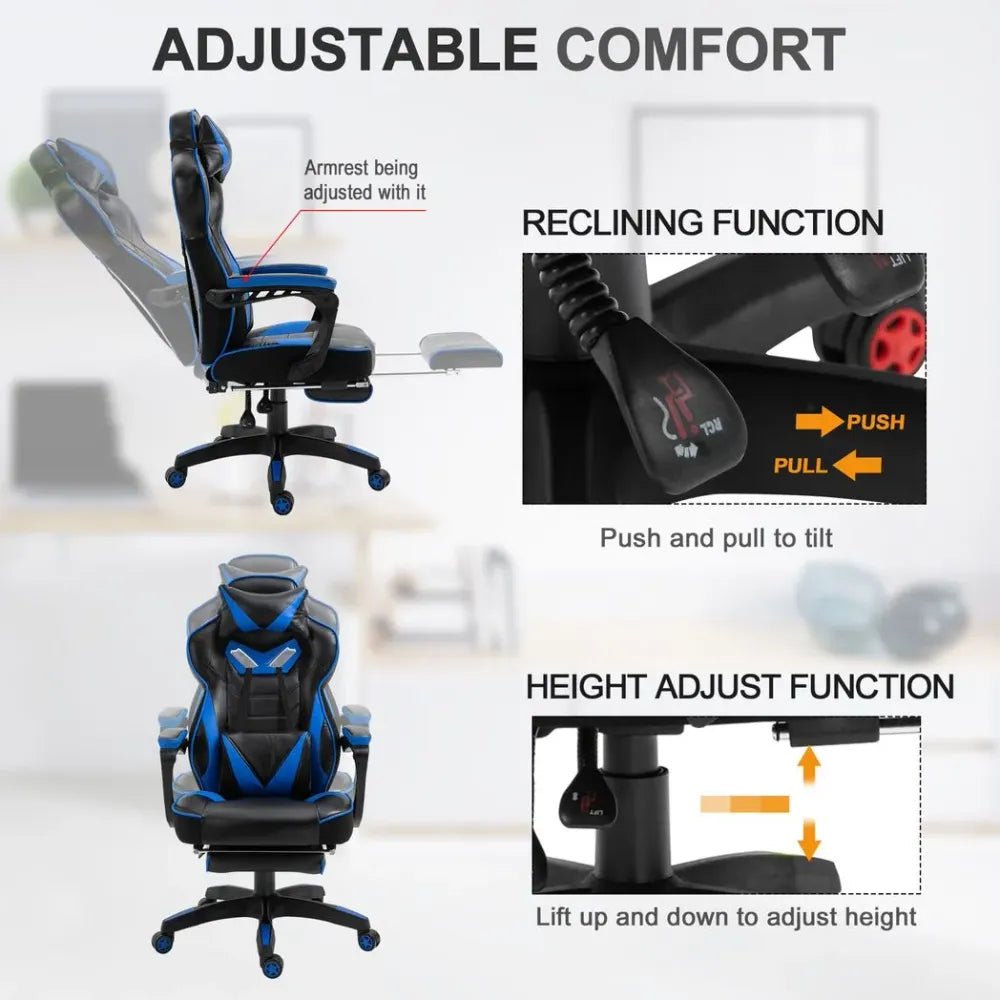 Gaming Chair Ergonomic Reclining w/ Manual Footrest Wheels Stylish Office Blue S0671097191