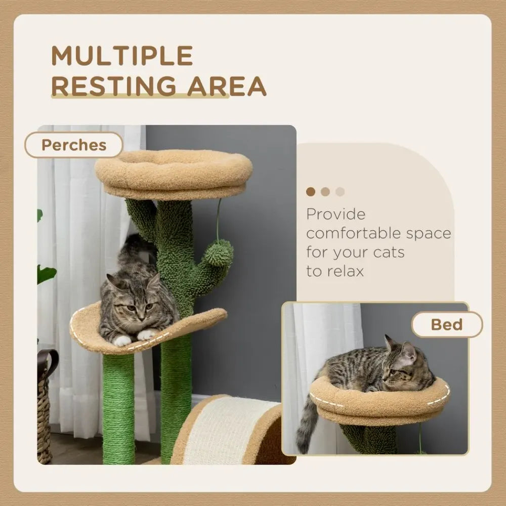 72cm Cat Tree w/ Bed, Toy Ball, Sisal Post, Curved Pad - Beige & Green S0671097110