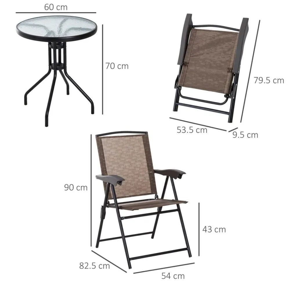 3 PCS Patio Furniture Bistro Set with Folding Chairs Tempered Glass Table Brown S0671096954