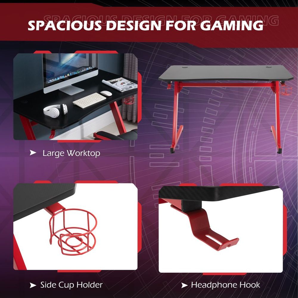 Gaming Desk Steel Frame Cup Headphone Holder Adjustable Feet Home Red S0671149078