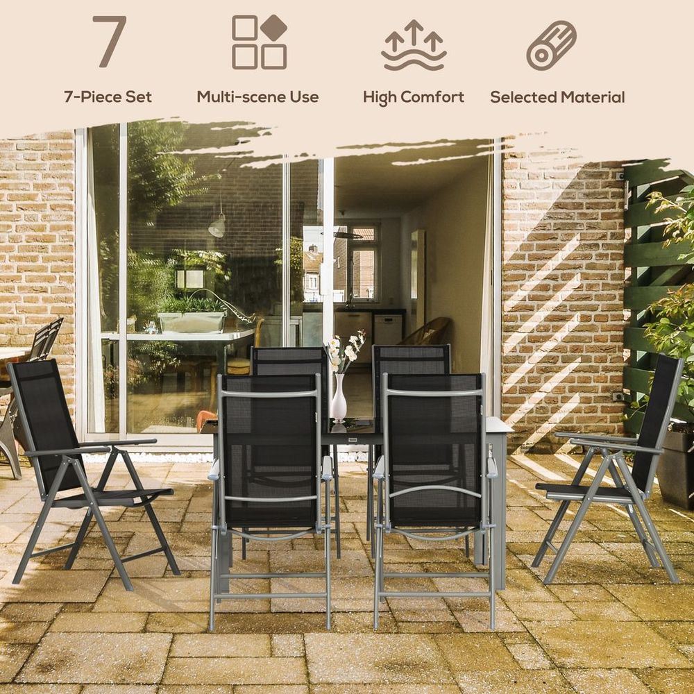 7pc Outdoor Dining Table and 6 Folding Chairs, Aluminium Patio Dining Set Black S0671114974