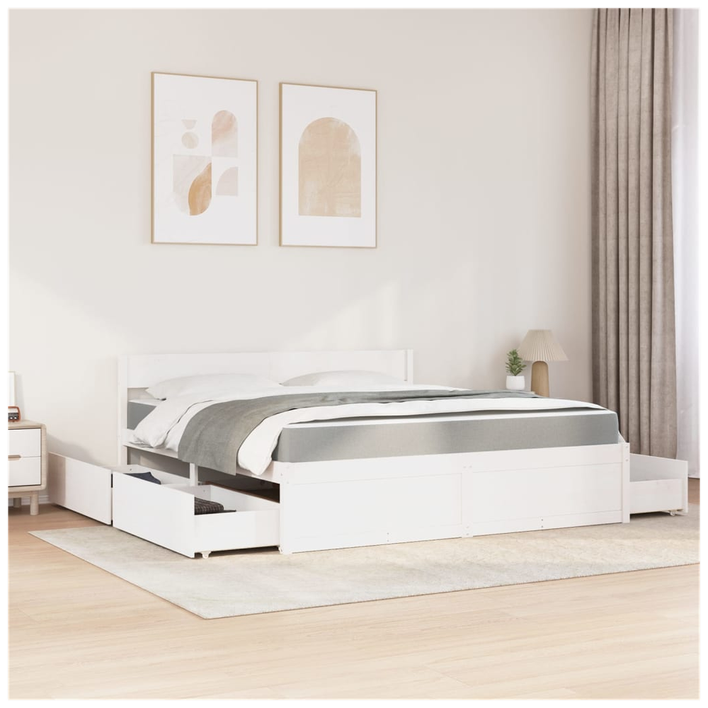 vidaXL Bed with Drawers and Mattress White 180x200 cm Super King Solid Wood Pine S0671489502