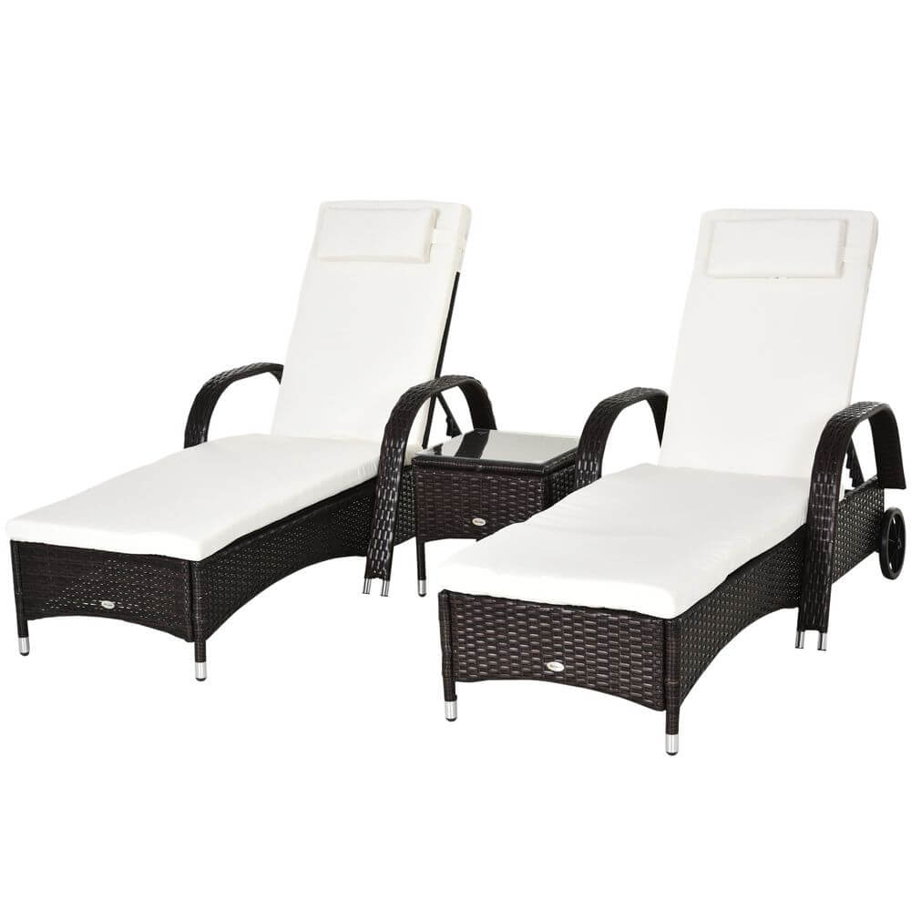 Garden Rattan Furniture 3 PC Sun Lounger Recliner Set & Side Table Patio Wicker V067942212