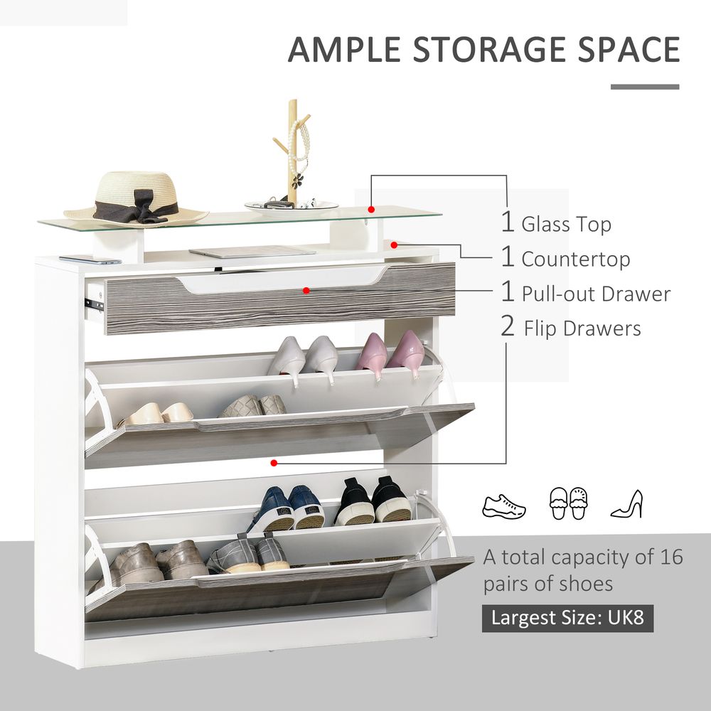 Shoe Cabinet w/ 3 Drawers High Gloss Storage Cupboard w/ Glass Top Grey S0671079948