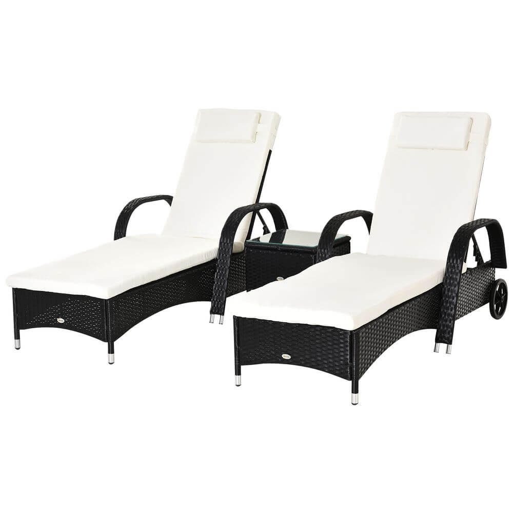 Garden Rattan Furniture 3 PC Sun Lounger Recliner Set & Side Table Patio Wicker V067942212