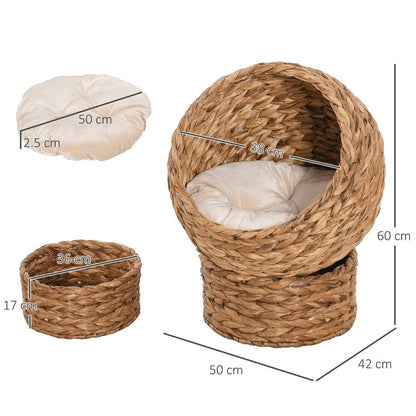 Wicker Cat House, Raised Cat Bed with Cylindrical Base, 50 x 42 x 60 cm S0671149034