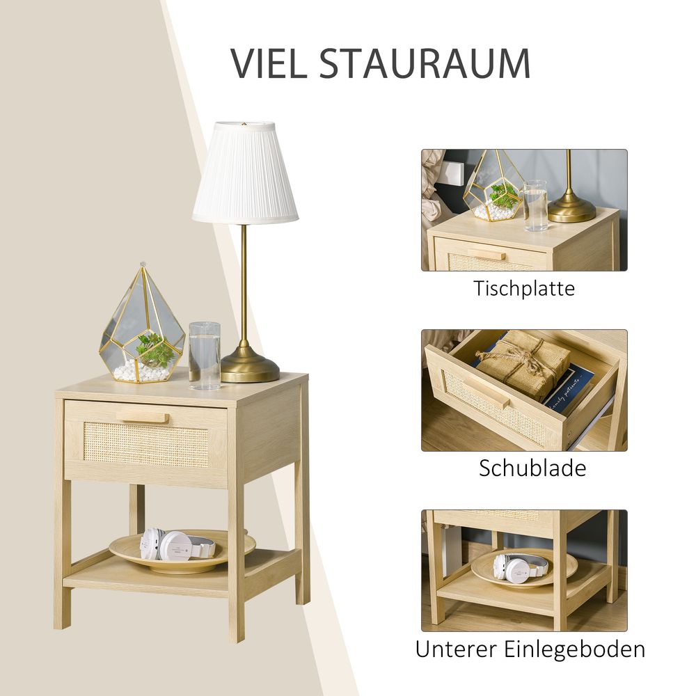 Bedside Table Nightstand W/ Rattan Drawer Storage Shelf Bedroom Living Room S0671079557