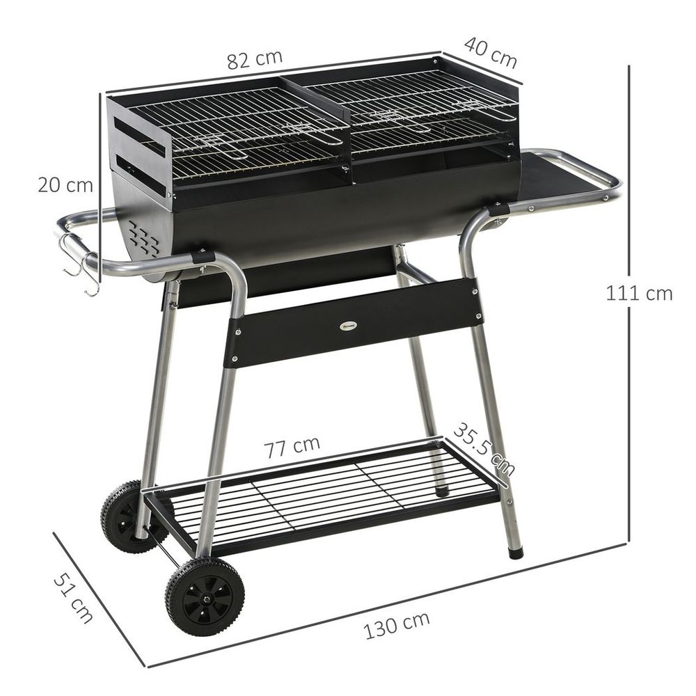 Outsunny Charcoal BBQ Grill with Double Grill, Table, Storage Shelf and Wheels S0671129930