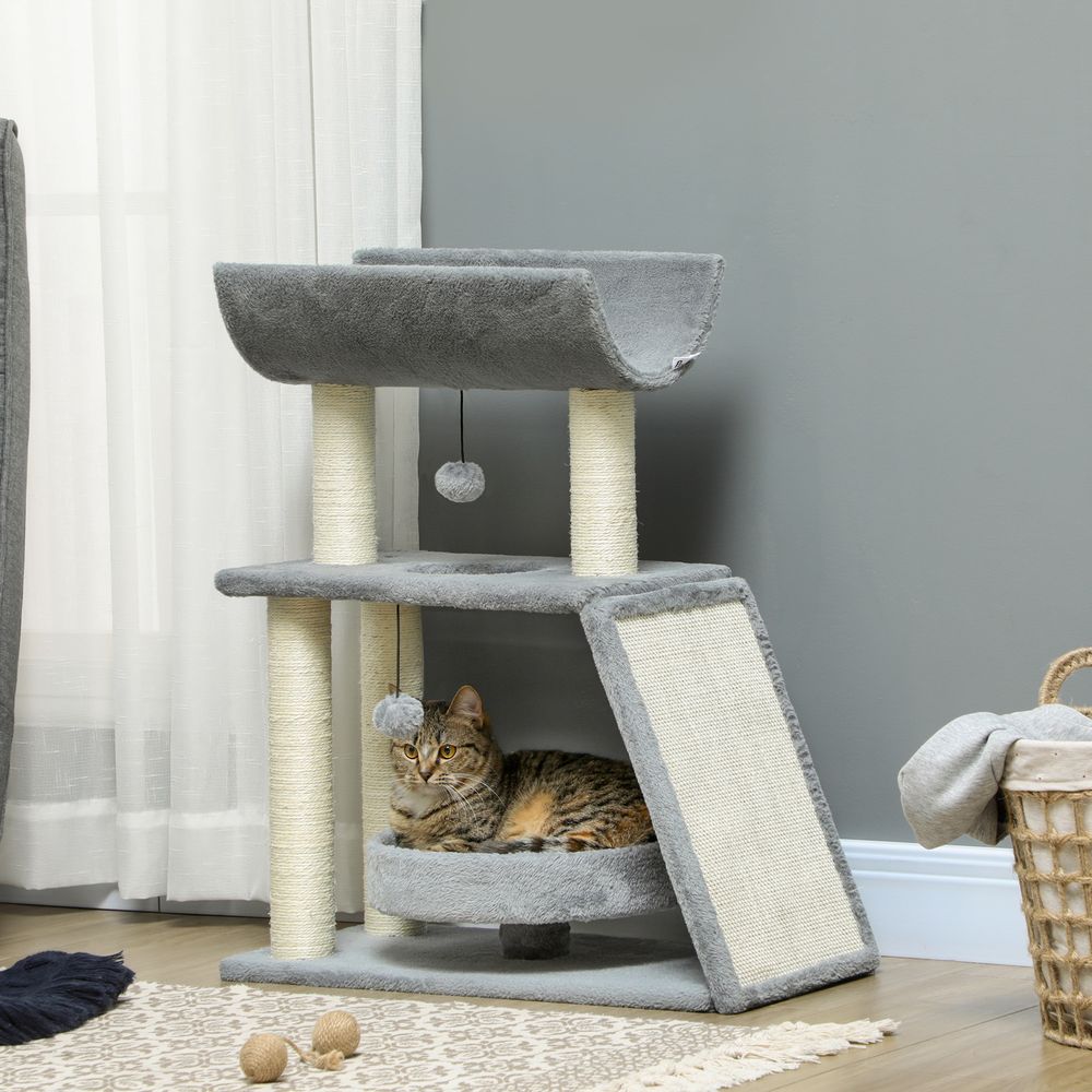 Cat Tree Tower for Indoor Cats w/ Scratching Posts, Pad, Light Grey, Toy Ball S0671347047