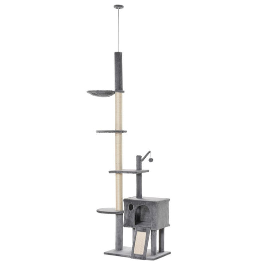 238-270cm Floor to Ceiling Cat Tree Tower w/ Scratching Post Hammock House Grey S0671071014