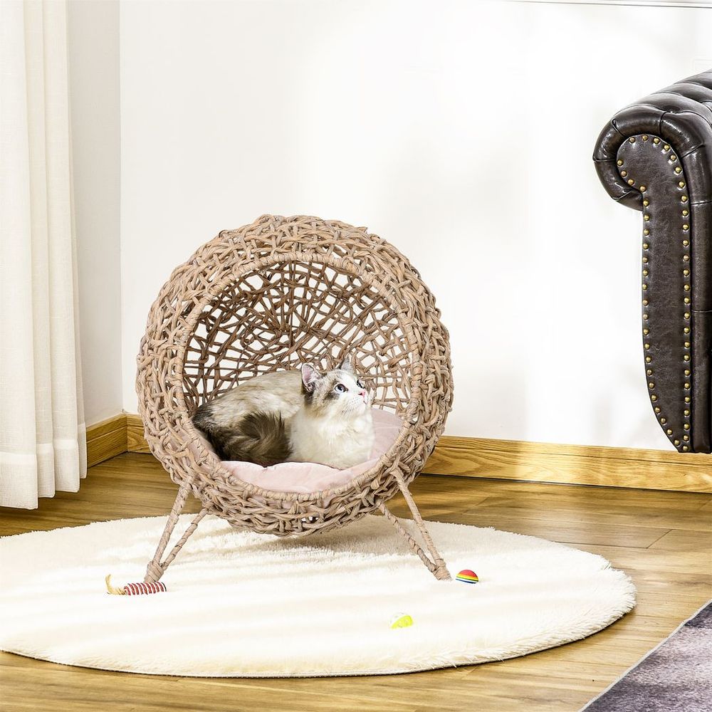 Wicker Cat House, Ball-Shaped Rattan Raised Cat Bed - Natural Wood Finish S0671148972