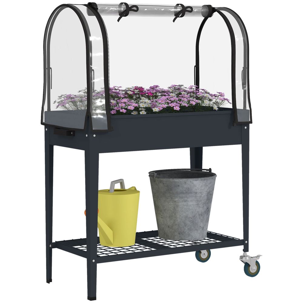 Outsunny Mobile Raised Garden Bed with Greenhouse Cover Bottom Shelf Dark Grey S0671433485