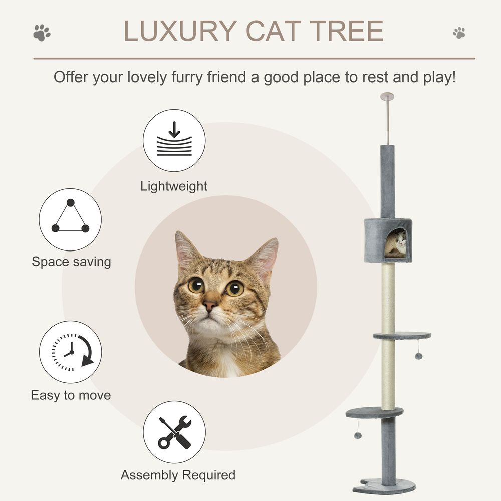 Cat Tree, Multi-Floor Pet Playhouse w/ Solid Scratching Post, Light Grey S0671071335