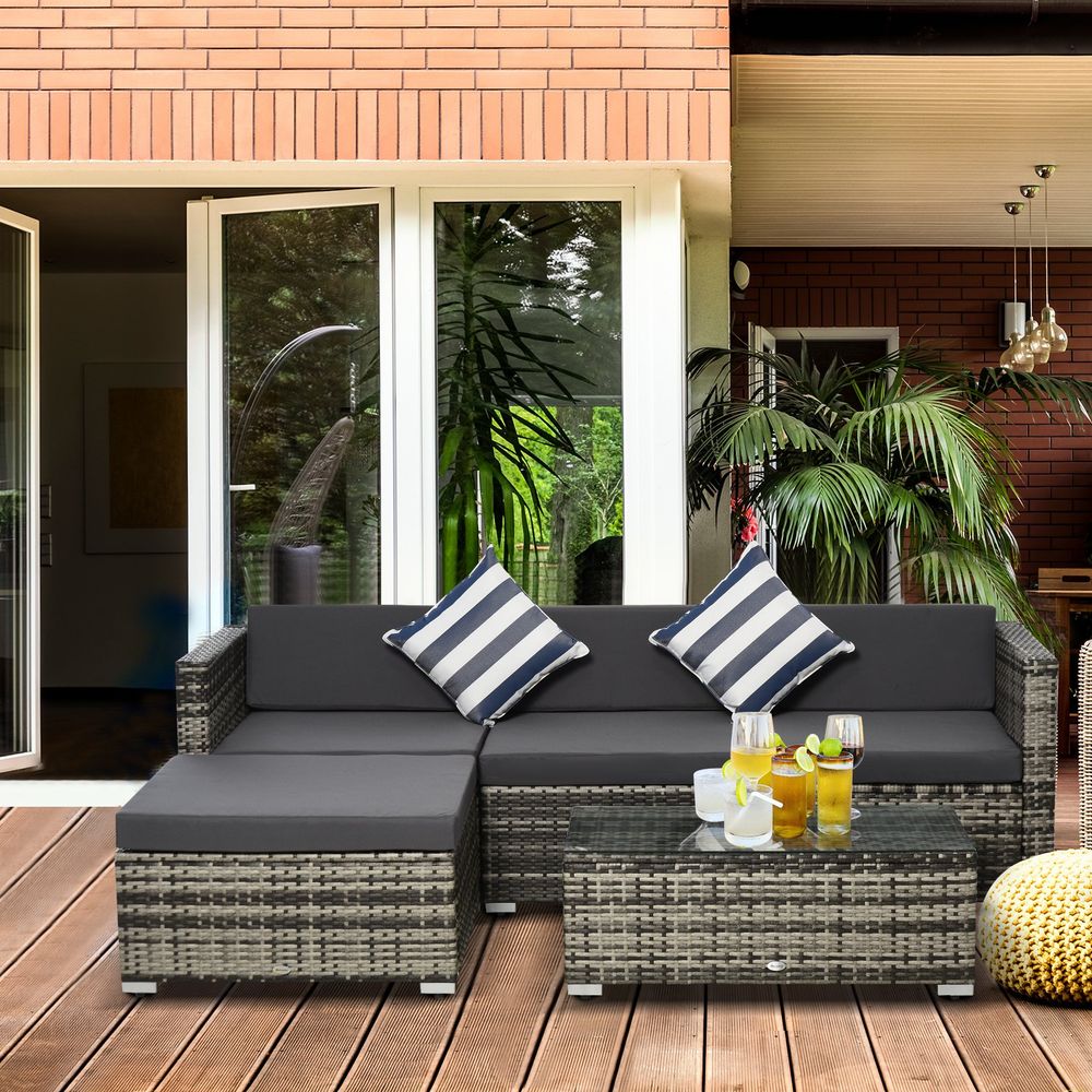 5PC Rattan Furniture Set Wicker Sofa Glass Tempered Tea Table & Cushion Pillows V067942130