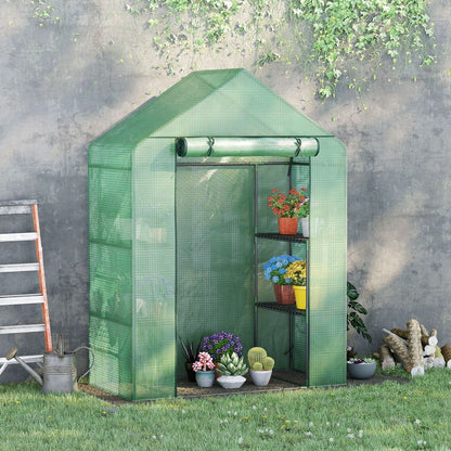 WalkIn Greenhouse 2 Tier Shelf, Roll-Up Door, PE Cover, 141x72x191cm, Green S0671071953