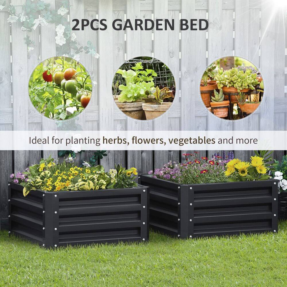 Outsunny Set of 2 Raised Garden Bed Galvanised Planter Box Easy Setup Grey S0671391670