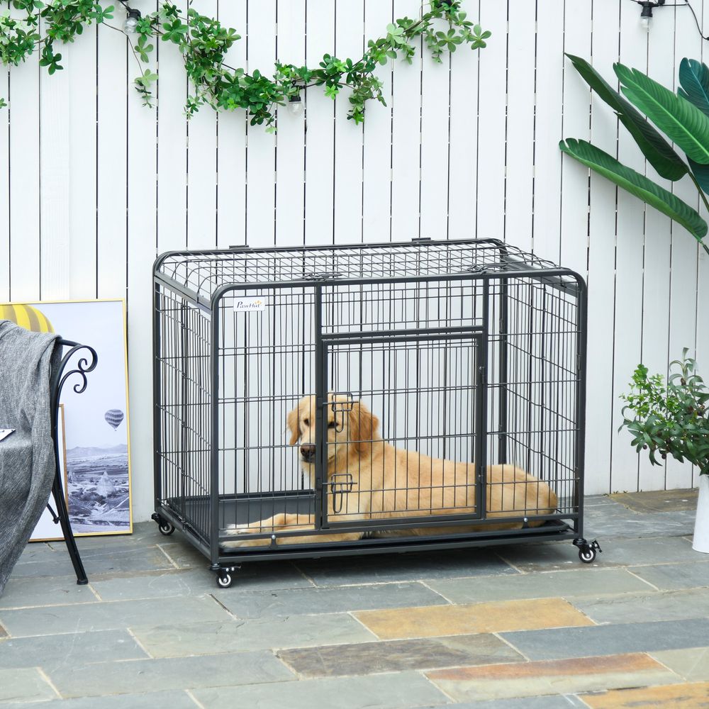 78x109cm Metal Dog Cage Kennel w/ Locking Door & Wheels Large Pets Pawhut S0671081089