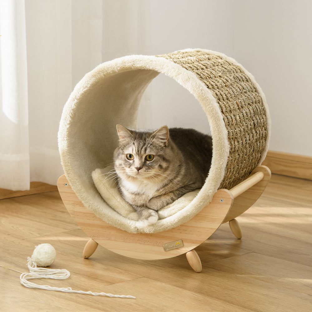 Elevated Cat House Kitten Bed Pet Shelter with Scratcher Cushion, Beige S0671070895