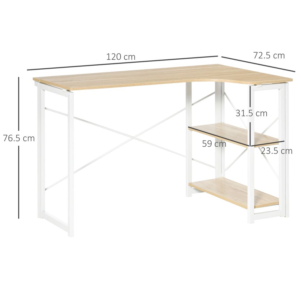 L-Shape Folding Computer Desk Study Workstation with 2 Shelves Oak Tone S0671079925