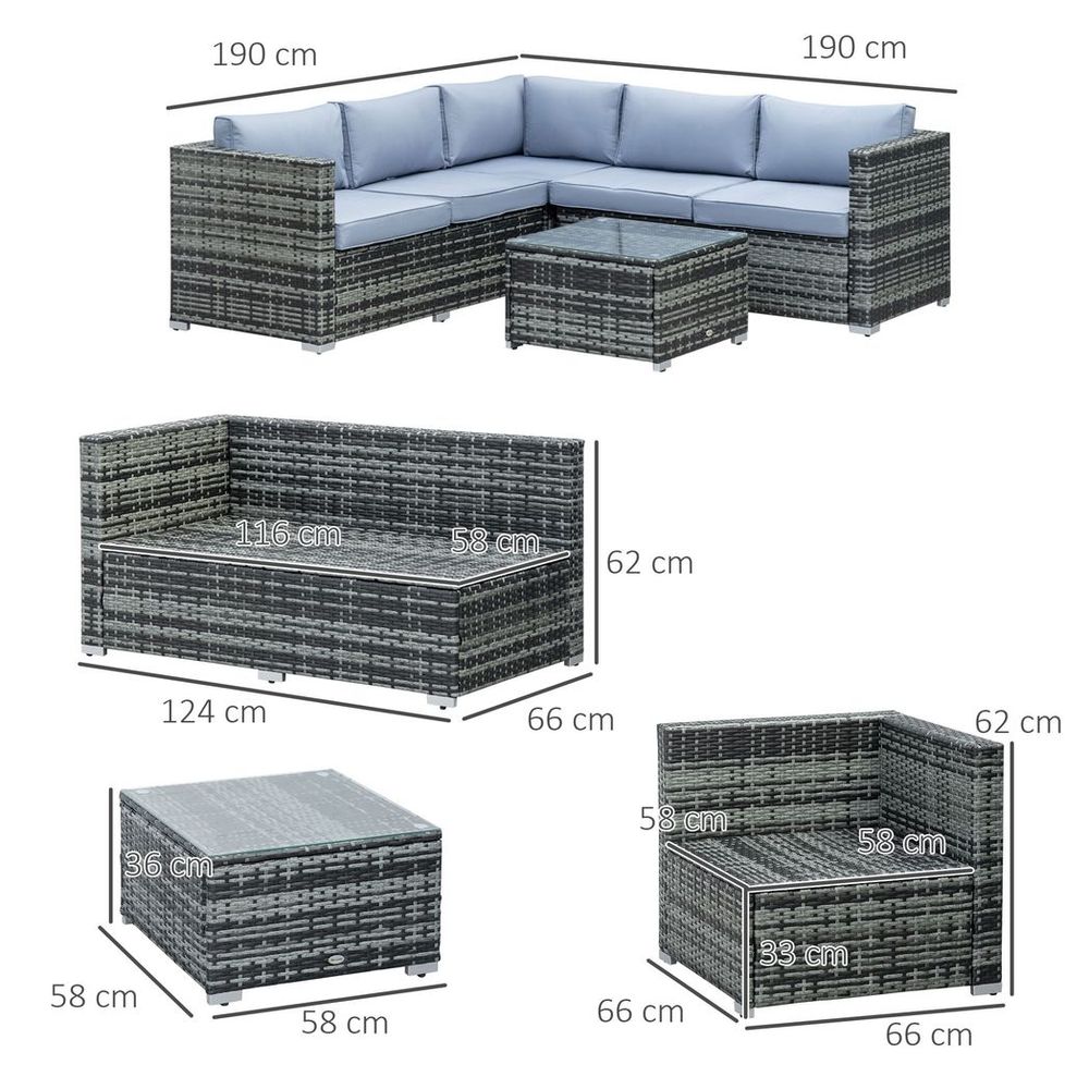 Outsunny 4 Pieces Rattan Furniture Sofa Set Chair w/ Corner Sofa Loveseat Grey S0671132969