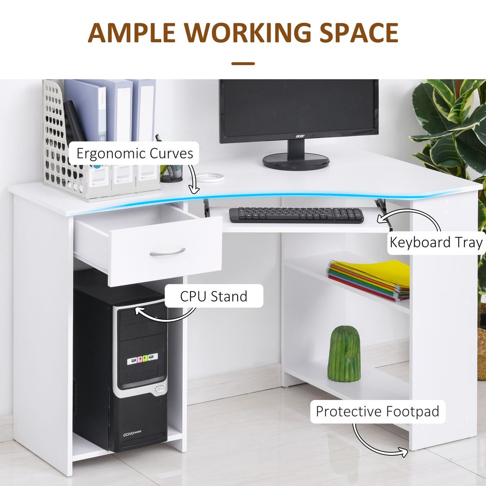 L-Shaped Corner Computer Desk w/ 2 Shelves Worktop Keyboard Tray White S0671079862