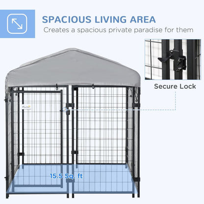 Outdoor Dog Kennel, Metal Dog Run with Canopy, 120 x 120 x 138cm S0671148825