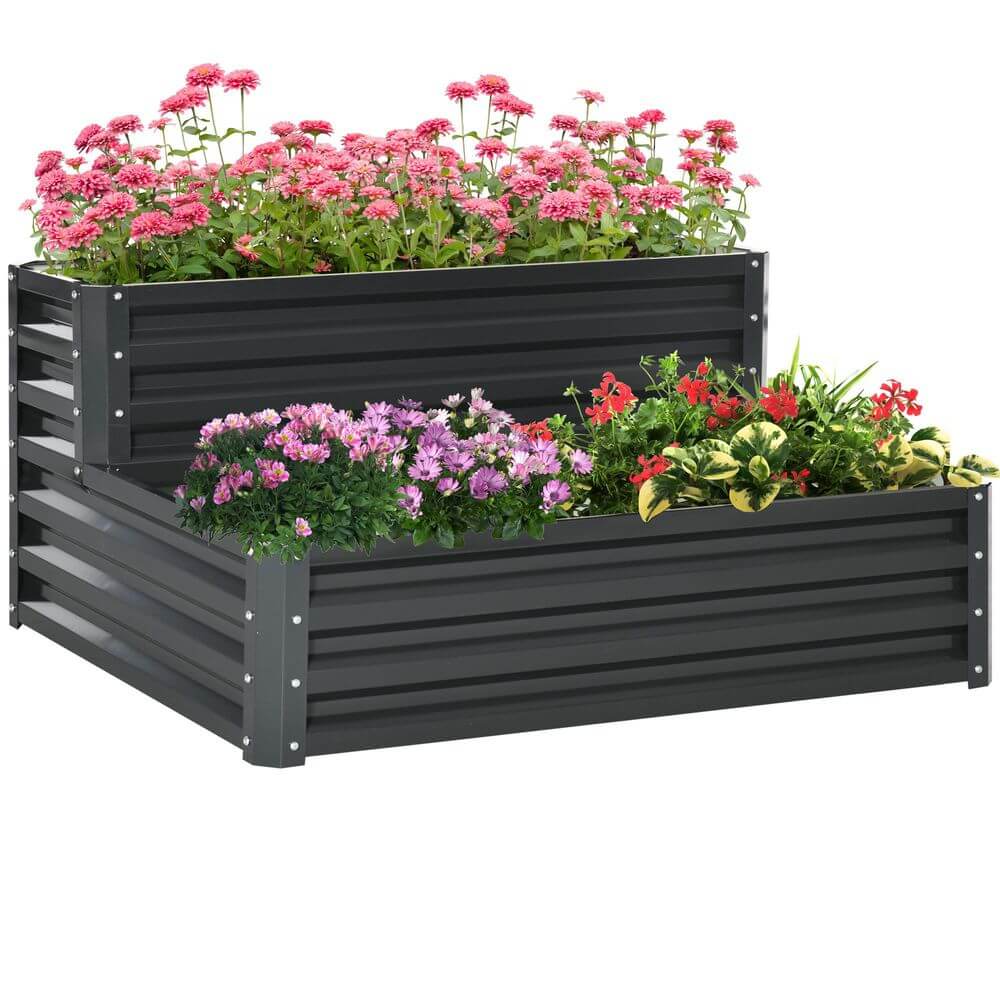 Outsunny 2 Tier Galvanised Raised Garden Bed Planter Box Open Bottom Dark Grey S0671391666