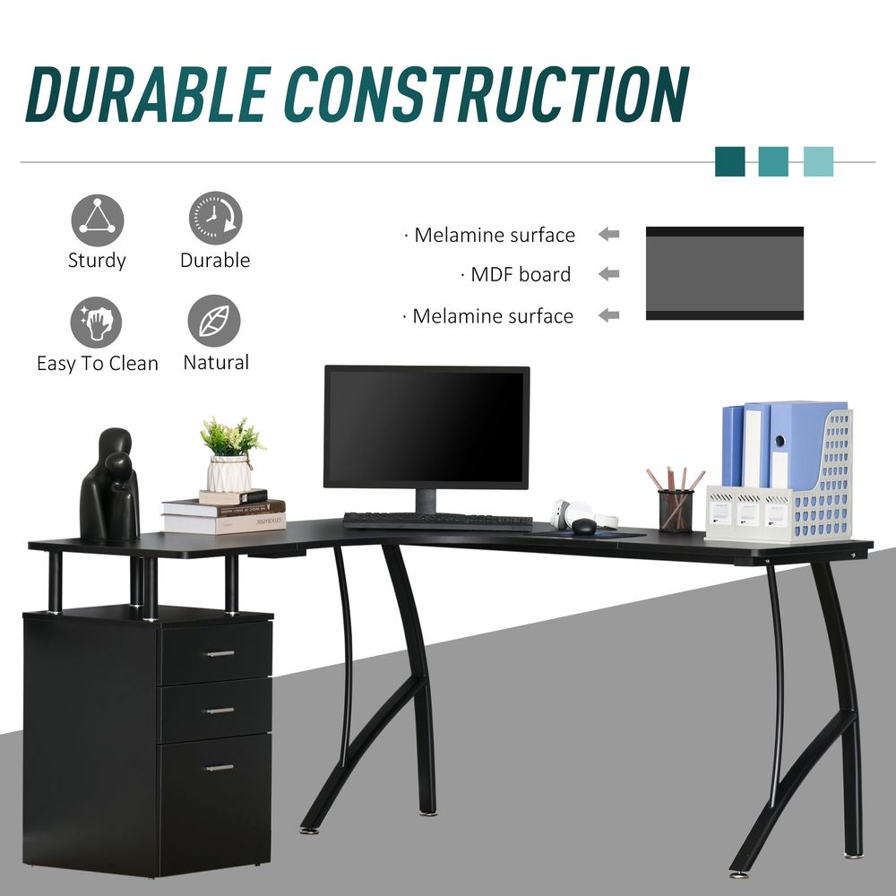 L-Shaped Corner PC Desk Table w/ Drawer Home Office Workstation, Black HOMCOM S0671080441