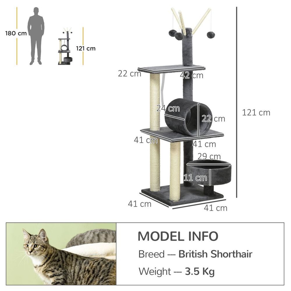 121cm Cat Tree Tower w/Sisal Scratching Posts Bed Tunnel Perch Grey S0671157107